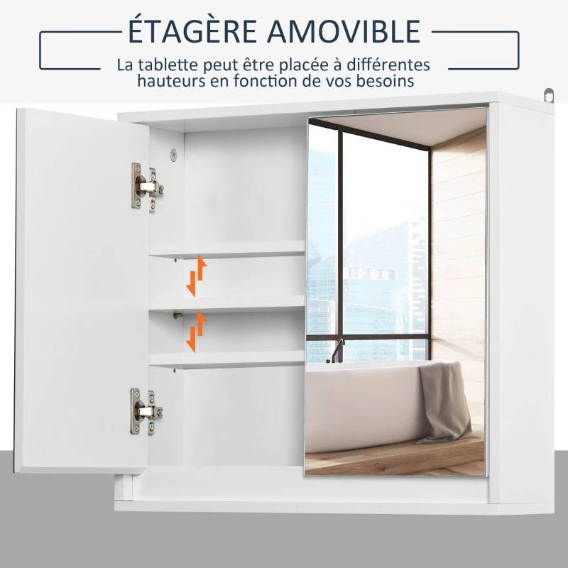 HOMCOM Armoire Murale Miroir Salle de Bain 2 étagères dim. 48L x 14l x 45H cm Panneaux Particules MDF Blanc