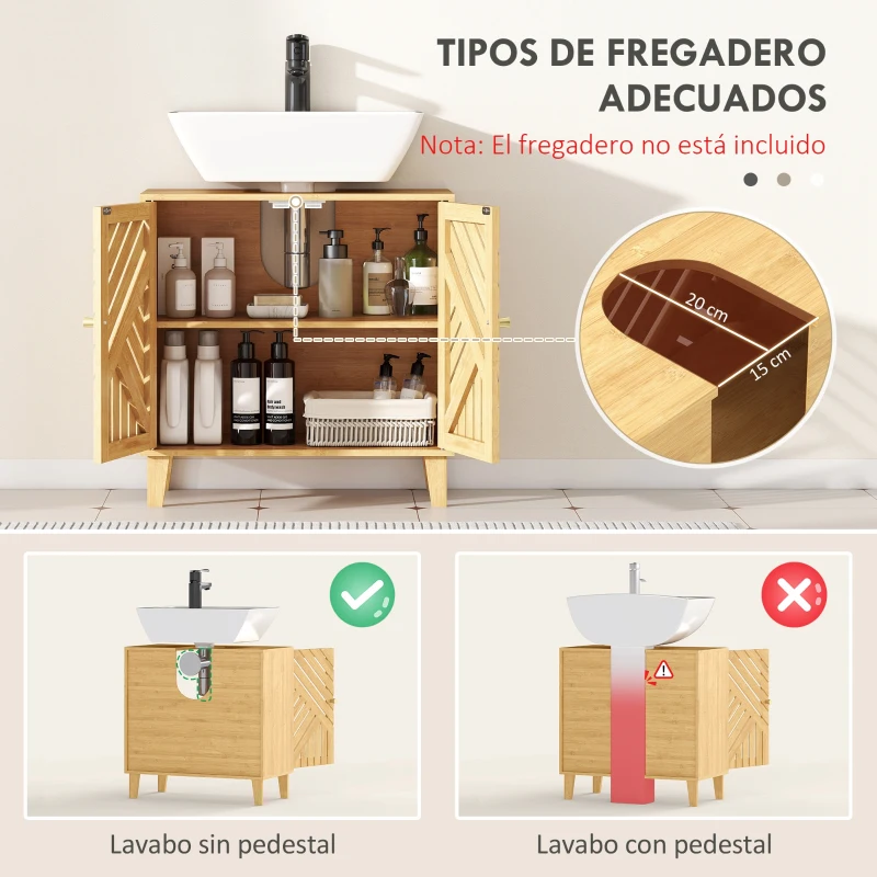 HOMCOM Mueble bajo Lavabo de Bambú con 2 Puertas Lamas y Estante Ajustable para Lavabo sin Pedestal 60x30x60 cm Natural