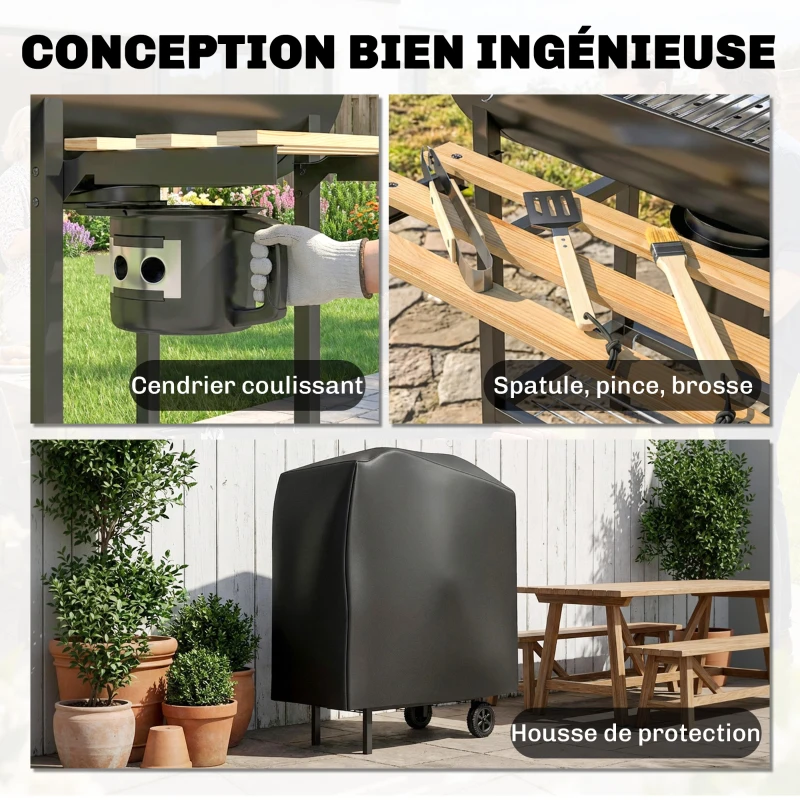 Outsunny Barbecue charbon de bois chariot de cuisson avec étagères pliables, thermomètre, roues, rôtisserie électrique, noir