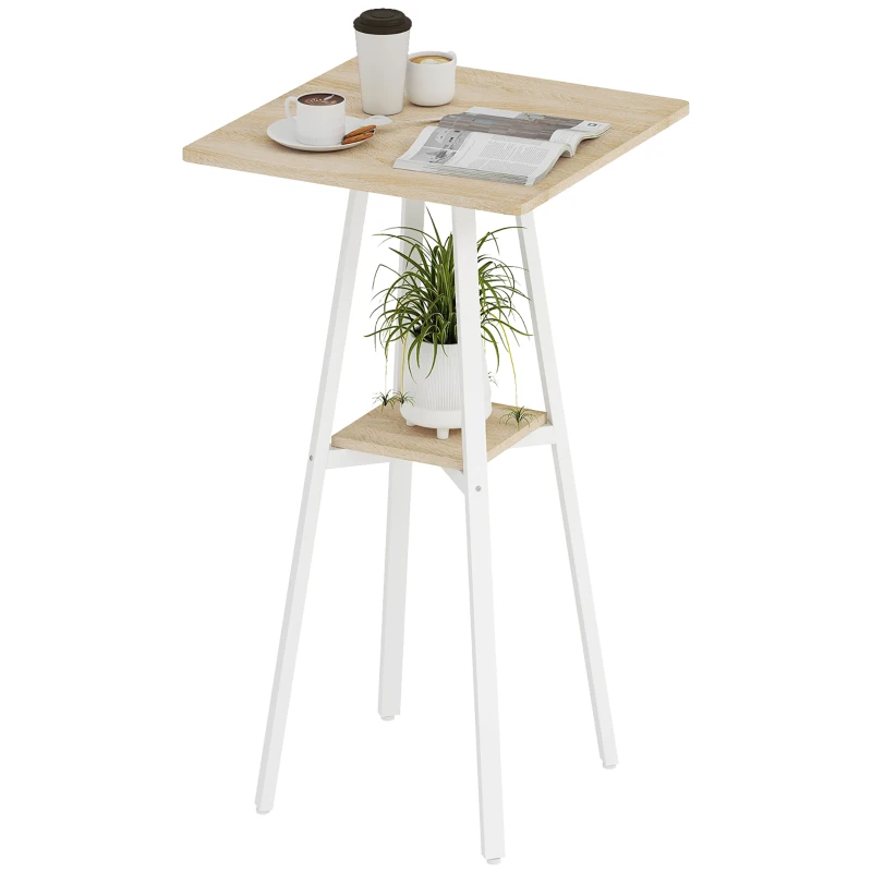 HOMCOM Mesa Alta Cocina Cuadrada con Estante para 2 Personas Patas de Metal 55x55x95 cm Madera Natural y Blanco
