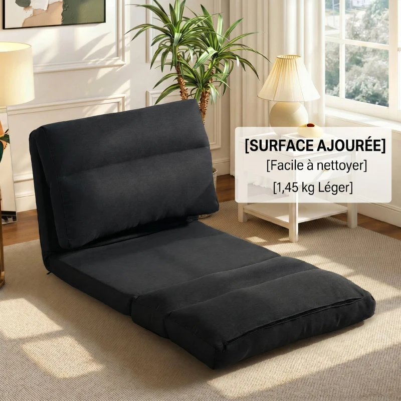 HOMCOM Poltrona de chão sofá lounge poltrona conversível em cama reclinável 90° a 180° tecido - 70 x 72 x 56 cm - preto