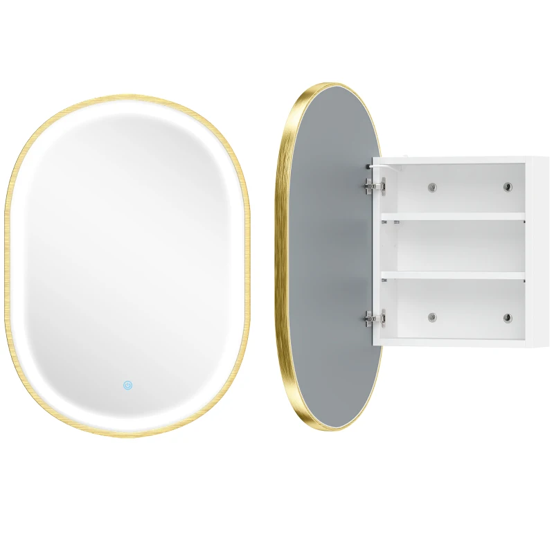 HOMCOM Armoire murale salle de bain avec miroir et éclairage LED, porte ovale, anti-buée, 50x14,5x70cm, doré