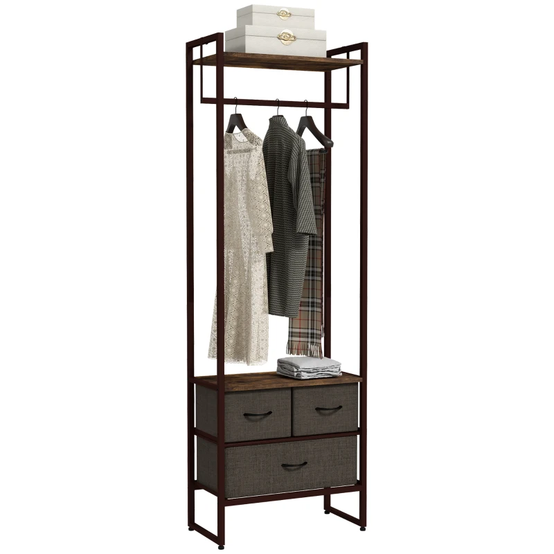 HOMCOM Perchero para Ropa Perchero Recibidor con 3 Cajones de Tela y Estante de Almacenamiento 58,5x30x178 cm Marrón Rústico