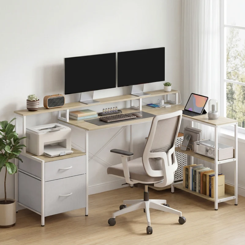 HOMCOM Mesa de canto com tomadas e luzes LED RGB, mesa de computador, 172 x 100 cm, suporte de ecrã, 2 gavetas, branco
