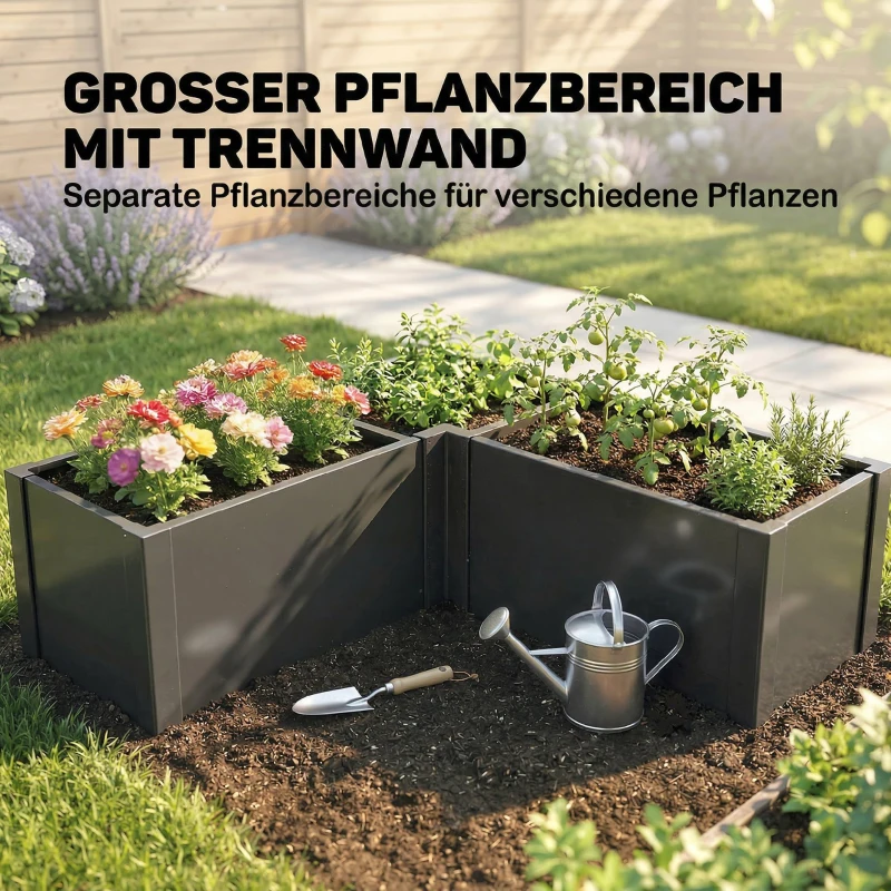 Outsunny Hochbeet L-förmig Blumenhochbeet witterungsbeständig, Pflanzbeet Frühbeet aus Verzinkter Stahl 150 x 150 x 55 cm Schwarz