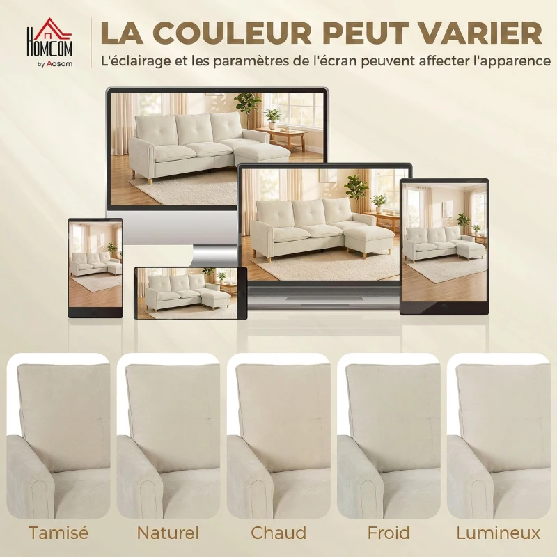 HOMCOM Canapé 3 places avec pouf de rangement, canapé d'angle modulable 210 cm, assise large, tissu aspect lin, crème