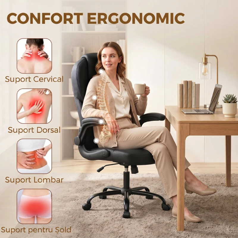 HOMCOM Scaun de Birou Rotativ, Funcție de Balansare, Suporturi Rabatabile pentru Brațe, Spătar Înalt, Înălțime Reglabilă, Negru