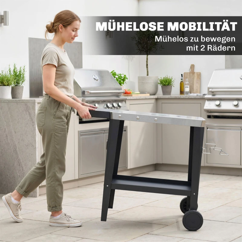 Outsunny Küchenwagen mit Rollen Servierwagen mit Haken Papierrollenhalter Müllsackständer Edelstahl 115 x 67,5 x 80,5 cm Schwarz