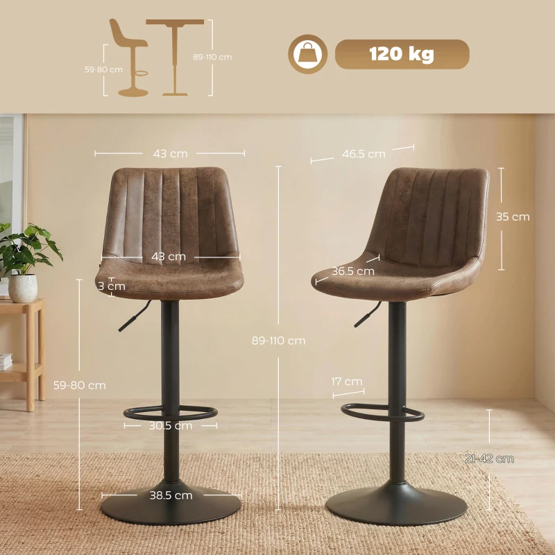HOMCOM Breakfast Bar Stools Set of 2, 59-80cm Sitting Hight Leather Upholstered Bar Chairs - Brown
