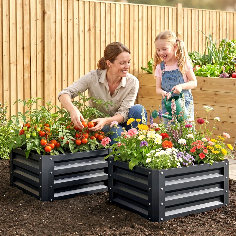 Outsunny Lot de 2 jardinières surélevées, carre potager de jardin pour légumes, fleurs, acier galvanisé 60 x 60 x 30,5 cm, gris