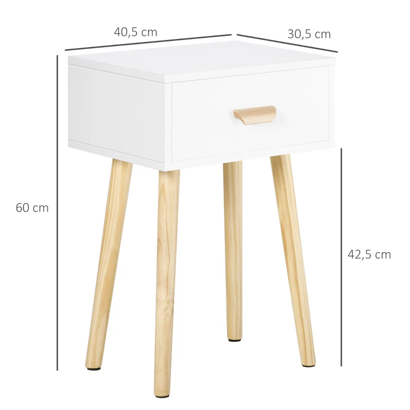 HOMCOM Lot de 2 tables de chevet, table de nuit moderne avec tiroir et pieds en bois massif, 40,5 x 30,5 x 60 cm, blanc