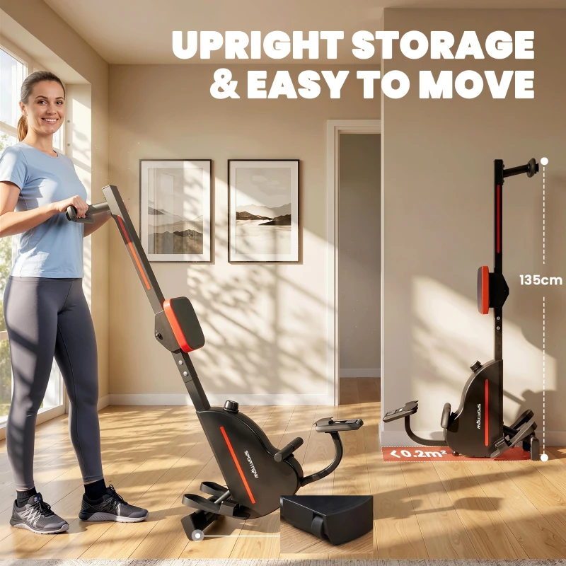 SPORTNOW Remo Magnético Dispositivo de Musculación Bluetooth Conectado Kinomap & Zwift 16 Niveles de Resistencia 135x42x72cm Rojo