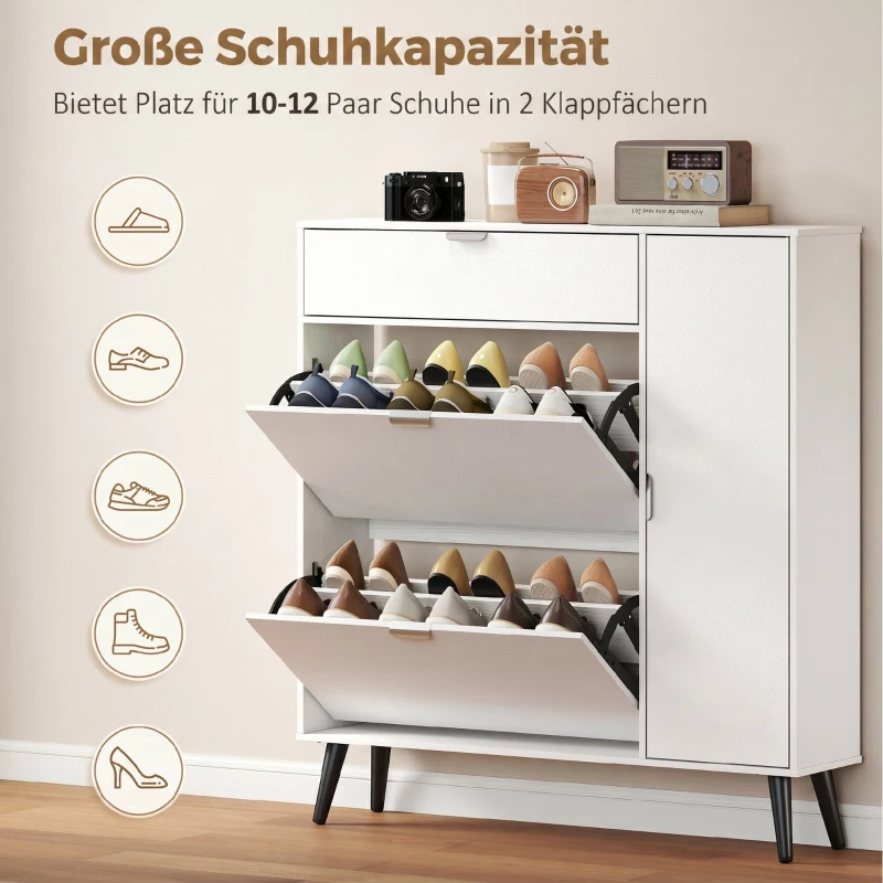 HOMCOM Schmaler Schuhschrank mit 2 Klappfächern, Schuhschrank mit Lychee-Leder-Türen und verstellbaren Regalböden, Weiß