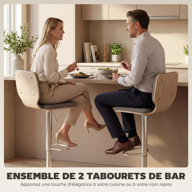 HOMCOM Lot de 2 tabourets de bar chaises de bar réglable en hauteur dossier repose-pieds pivotant 360° 41x47,5x81-102cm gris