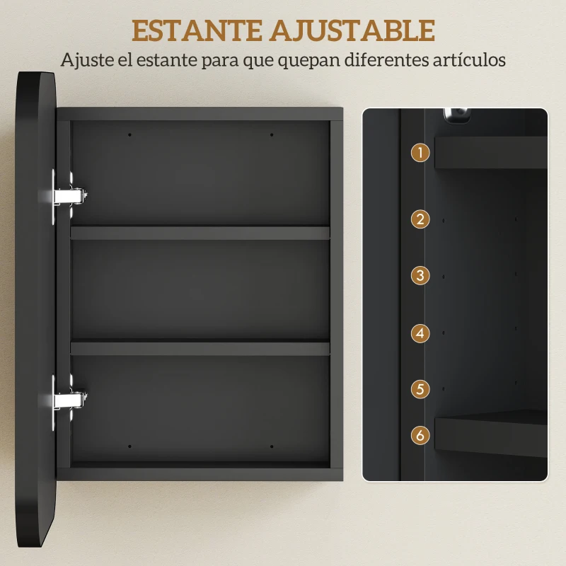 HOMCOM Armario de Baño con Espejo Diseño con Bordes Curvados Estantes Ajustables 40,2x10,2x50,9 cm Negro