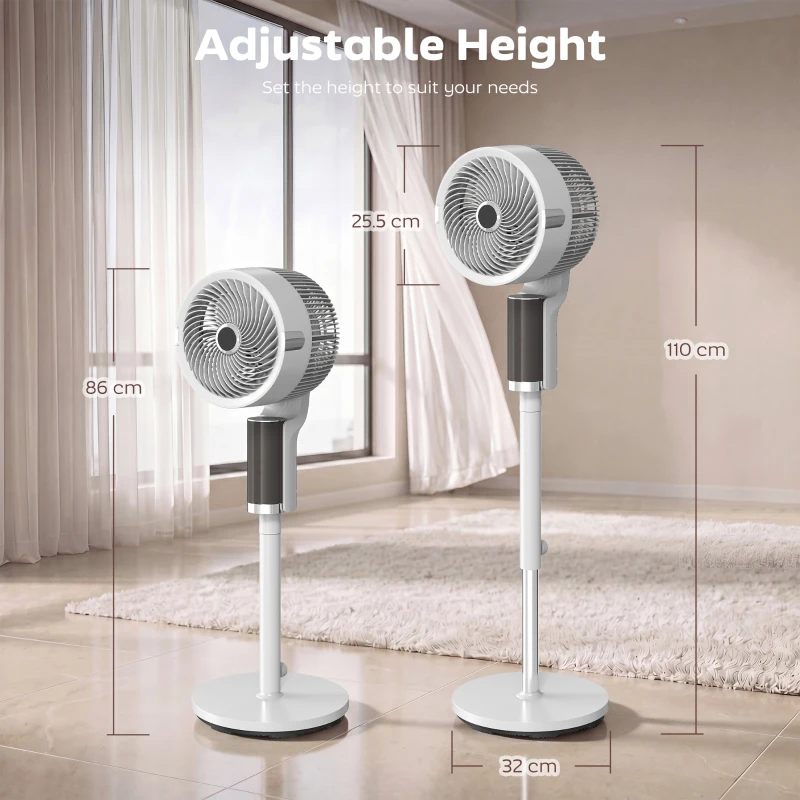 HOMCOM 20 dB Silent Standing Fan for Bedroom, 44" Pedestal Fan with 90° Oscillating, 8 Speeds and LED Light, White