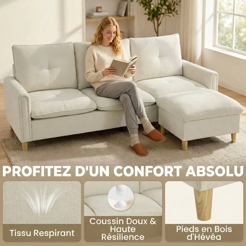 HOMCOM Canapé 3 places avec pouf de rangement, canapé d'angle modulable 210 cm, assise large, tissu aspect lin, crème