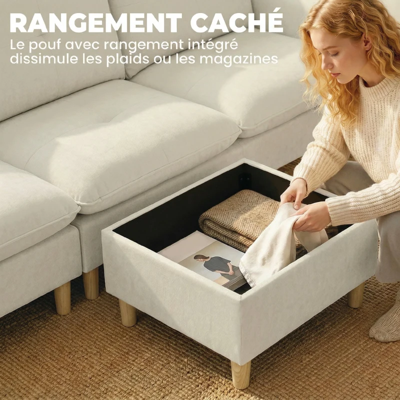HOMCOM Canapé 3 places avec pouf de rangement, canapé d'angle modulable 210 cm, assise large, tissu aspect lin, crème