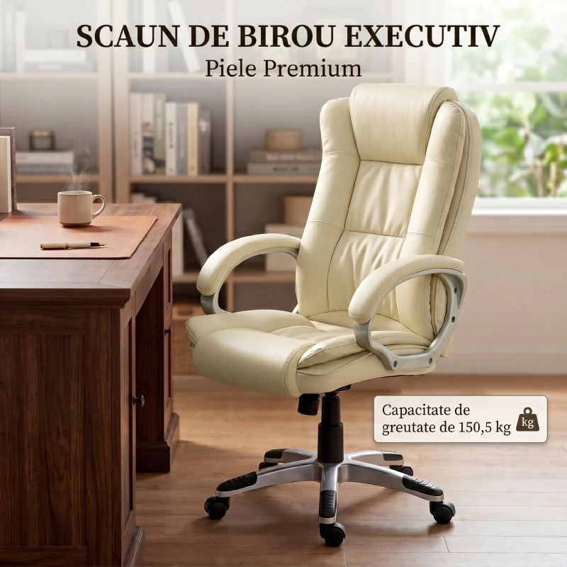 HOMCOM Scaun de Birou Rotativ din PU, Funcție Balansare, Spătar Înalt, Înălțime Reglabilă, Capacitate 120kg, Negru
