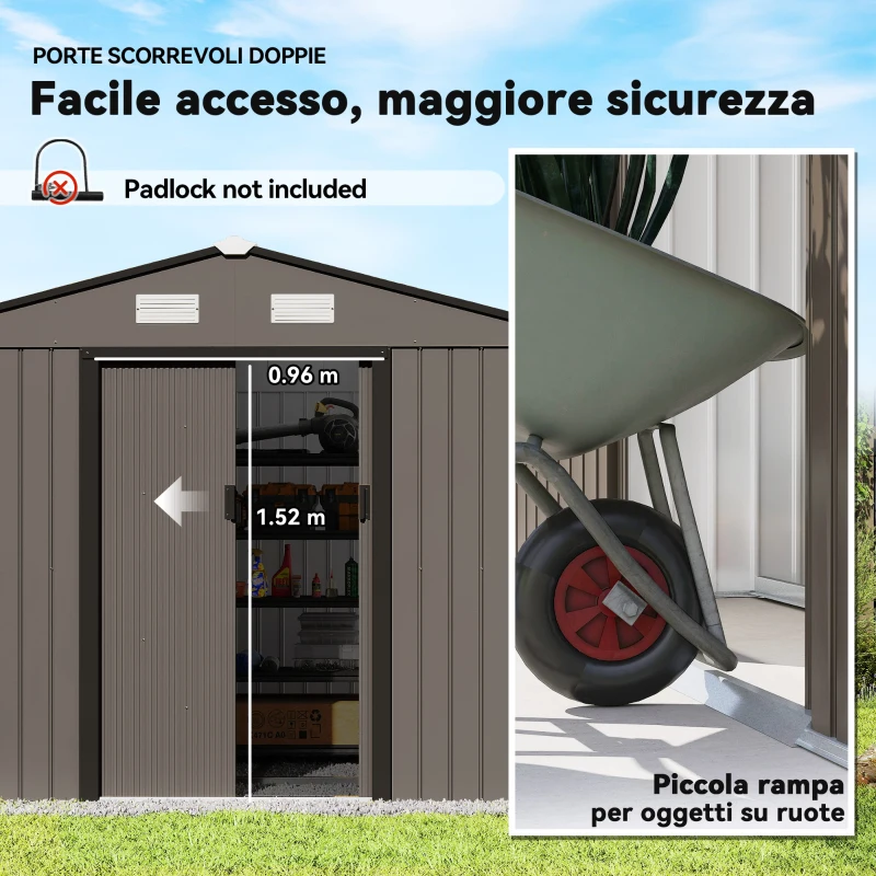 Outsunny Casetta da Giardino con 4 Prese d'Aria e 2 Porte Scorrevoli in Acciaio, 277x195x192 cm, Marrone