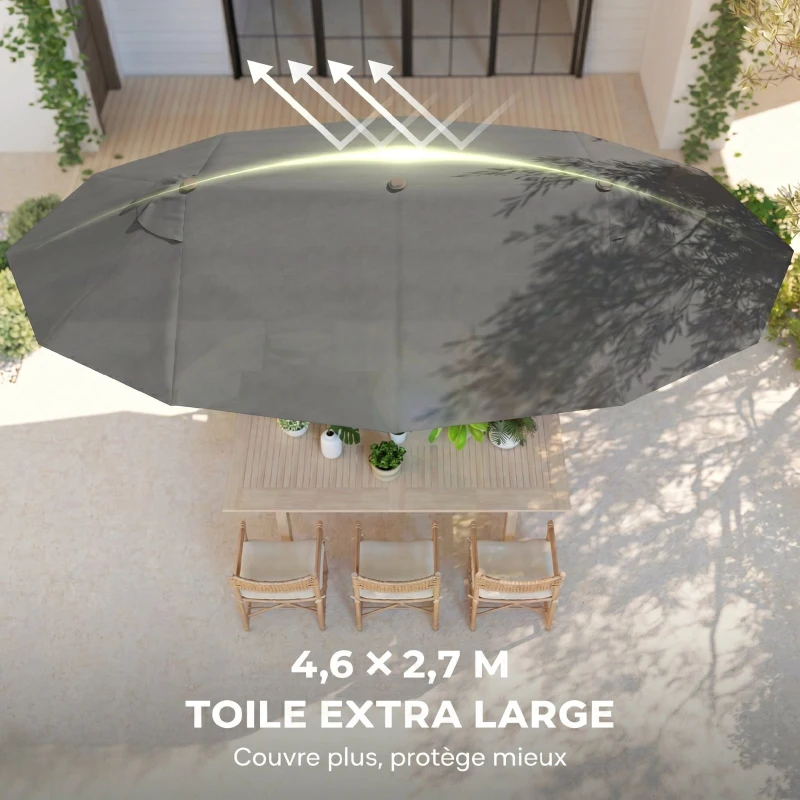 Outsunny Parasol de jardin exterieur parasol double 4,6L x 2,7l x 2,4H m ouverture fermeture manivelle acier polyester haute densité gris