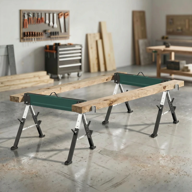 HOMCOM 2er-Set klappbare Metall-Böcke, max. Traglast 1160 kg, höhenverstellbar 64-81 cm, Tragegriff, grün