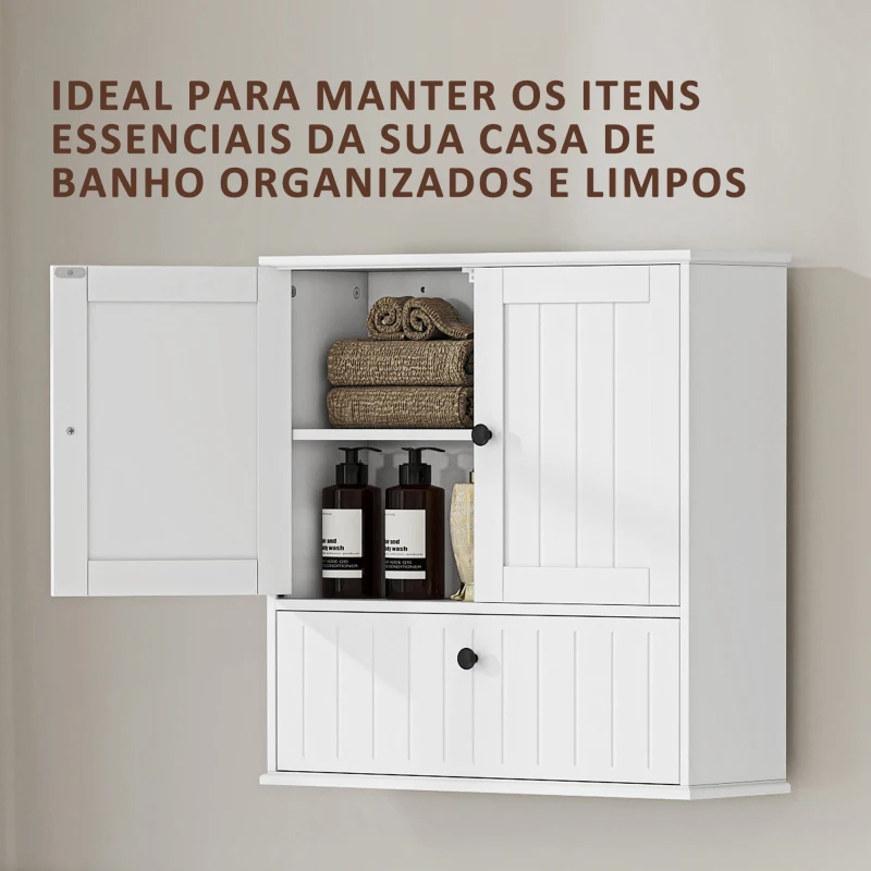 HOMCOM Armário Casa de Banho de Parede Rústico com Prateleira Ajustável Dupla Porta Porta Basculante e Fecho Magnético 60x19,5x60 cm Branco