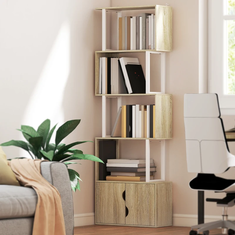 HOMCOM Bibliothèque à 5 niveaux, meuble de rangement avec étagères et placard double porte, 60 x 23,8 x 179,2 cm, bois naturel
