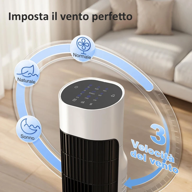 HOMCOM Ventilatore a Torre da Pavimento, Oscillante 70°, 80 cm, Bianco e Nero