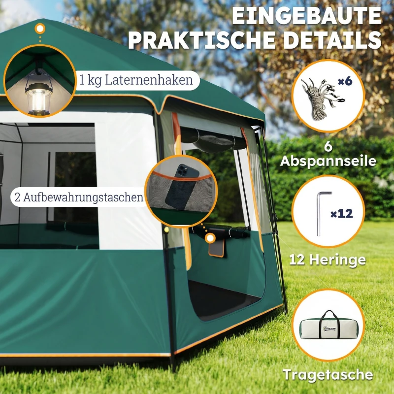 Outsunny Campingzelt für 4-6 Personen stabil 3000mm wasserdicht Familienzelt mit abnehmbarem oberen Abdeckung UV30+ Schutz Grün