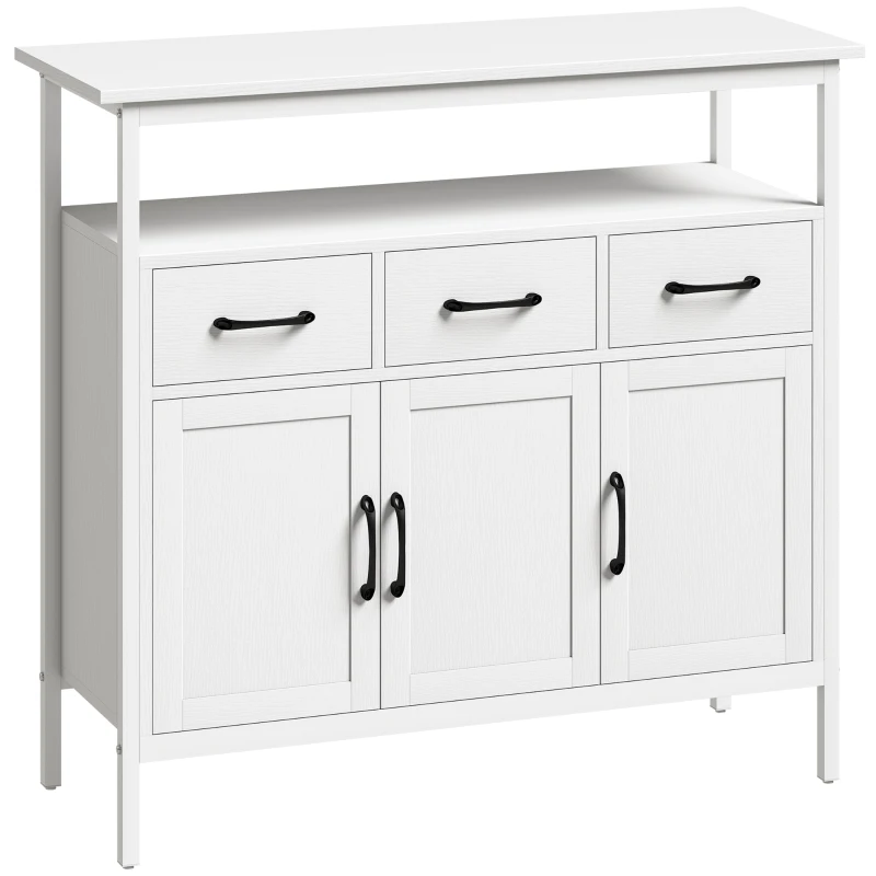 HOMCOM Buffet cuisine, meuble de rangement, 3 portes, 3 tiroirs, compartiment ouvert et étagères réglables, 95x35x88cm, blanc