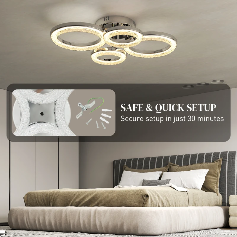 HOMCOM LED Ceiling Light, Modern Dimmable 4 Rings Ceiling Lamp with Wall Switch, 40W 4350lm Flush Mount Ceiling Light with 3500K/4500K/6000K Colour Temperatures for Living Room, Bedroom, Silver Tone