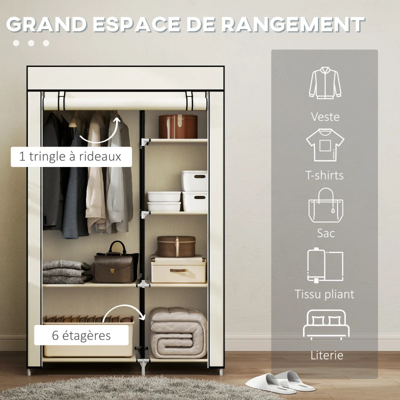 HOMCOM Armoire penderie en tissu meuble de rangement tringle à vêtements et étagères ouvertes 103x43x162,5cm crème
