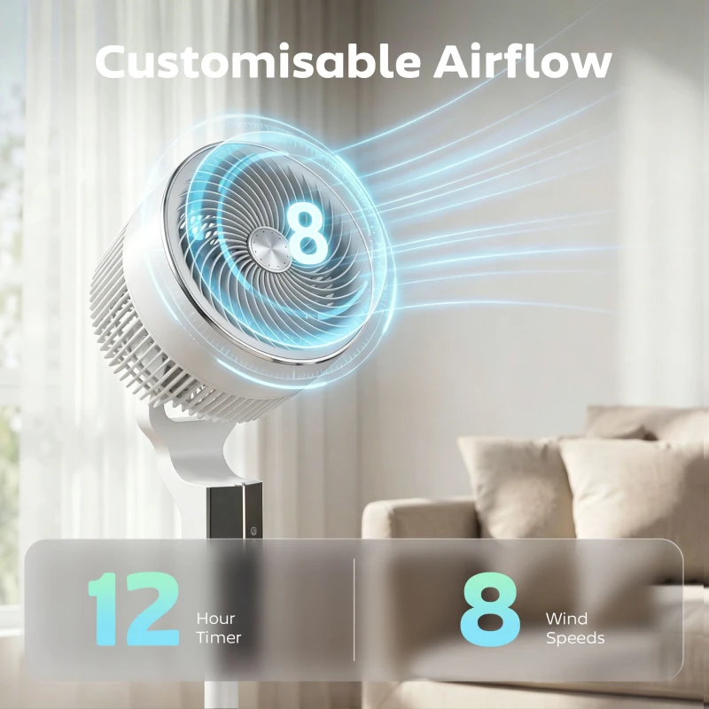 HOMCOM 20 dB Silent Standing Fan for Bedroom, 46" Pedestal Fan with Remote, 85° Oscillating, 8 Speeds, White