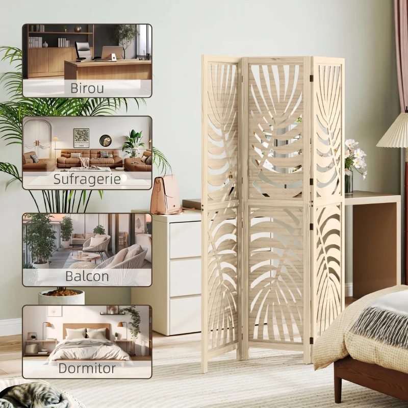 HOMCOM Paravan Interior cu 3 Panouri Pliabil și Separabil din Lemn, Design cu Frunze, 120x170 cm, Culoare Lemn Natural