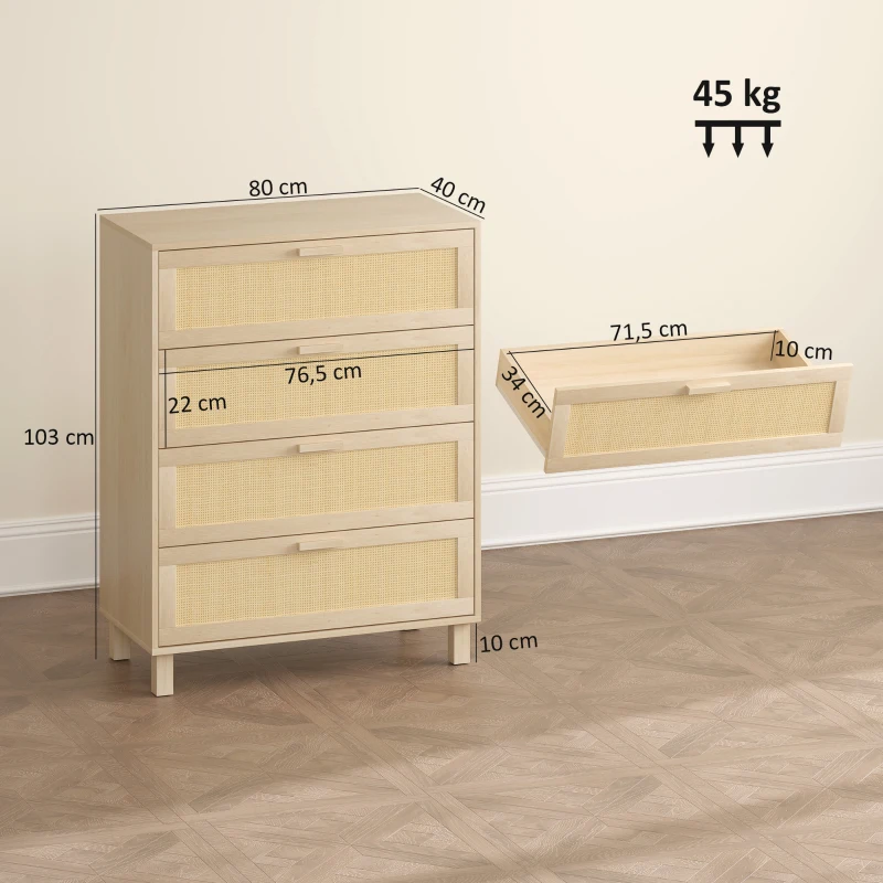HOMCOM Commode 4 tiroirs cannage en rotin dim. 80L x 40l x 103H cm MDF Aspect Bois Clair