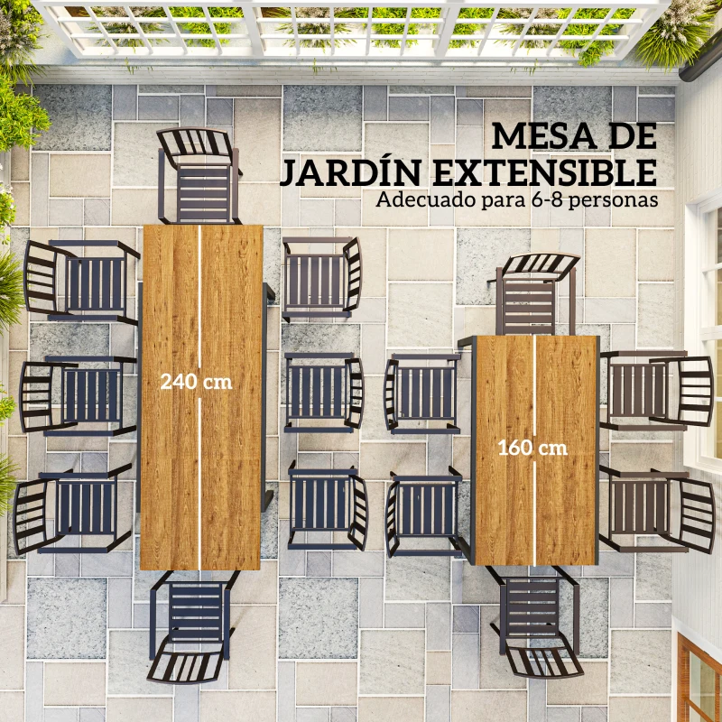 Outsunny Mesa de Comedor Exterior Extensible de 160-240 cm para 6-8 Personas Mesa de Jardín Rectangular para Terraza Marrón