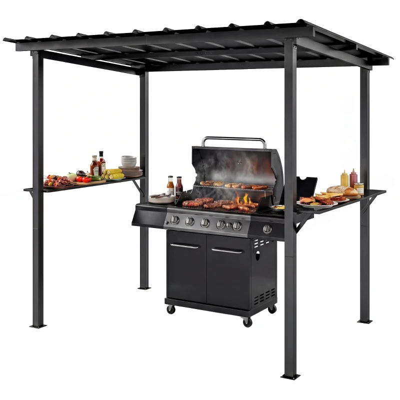 Outsunny Grillpavillon 2,71 x 1,82 m Gartenpavillon mit Pultdach, Seitenregalen UV-Schutz 50+ Schwarz