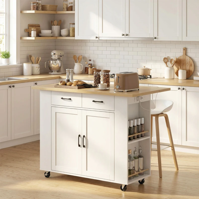 HOMCOM Îlot de Cuisine avec Station de Charge, Chariot de Cuisine à Roulettes avec Plan de Travail Rabattable, 2 Tiroirs, Blanc