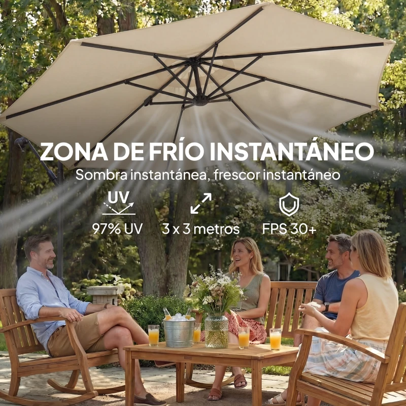 Outsunny Parasol Excéntrico Ø300 cm con Base Cruzada Toldo Ajustable y Manivela UPF30+ para Terraza Patio Blanco Crema