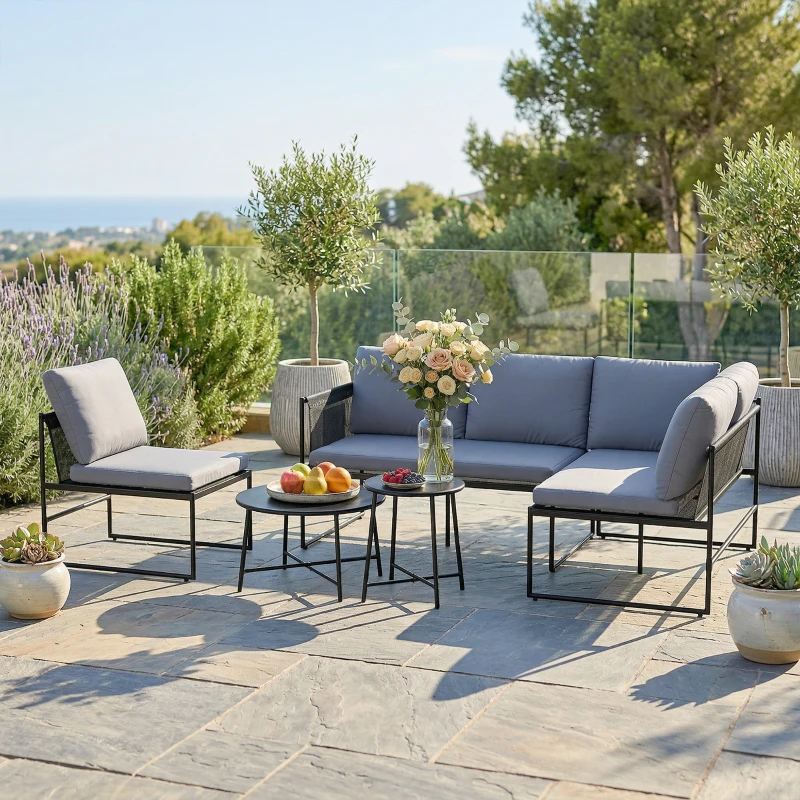 Outsunny Salon de Jardin Extérieur 5 Pièces, 2 Canapés, 2 Tables, 1 Chaise, Pochette de Rangement, 182x167x65cm, Gris Foncé