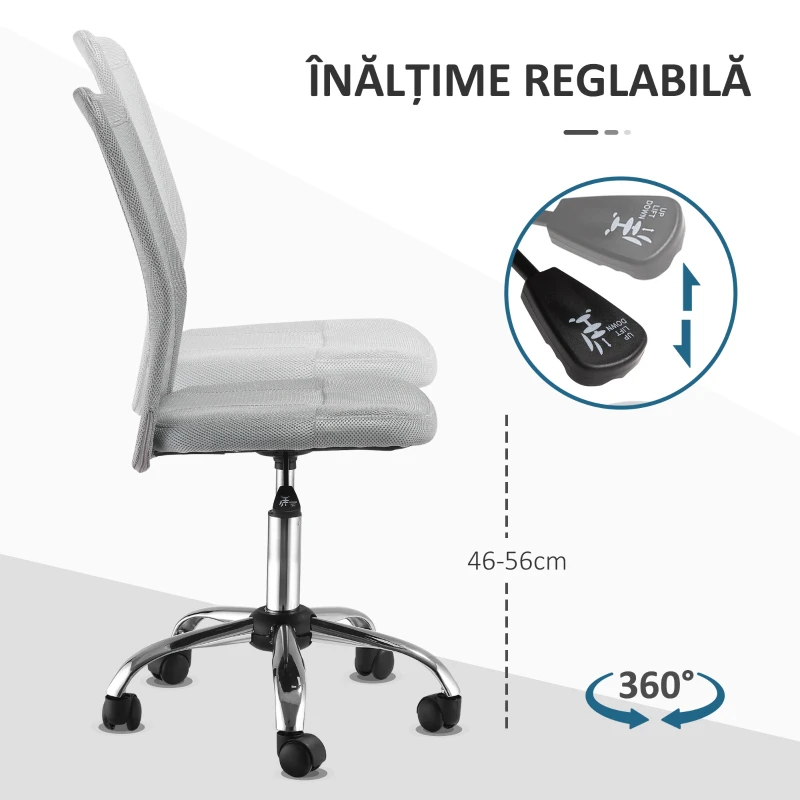 Vinsetto Sedia da Ufficio Ergonomica Senza Braccioli in Tessuto a Rete, Altezza Regolabile e 5 Ruote, Grigio
