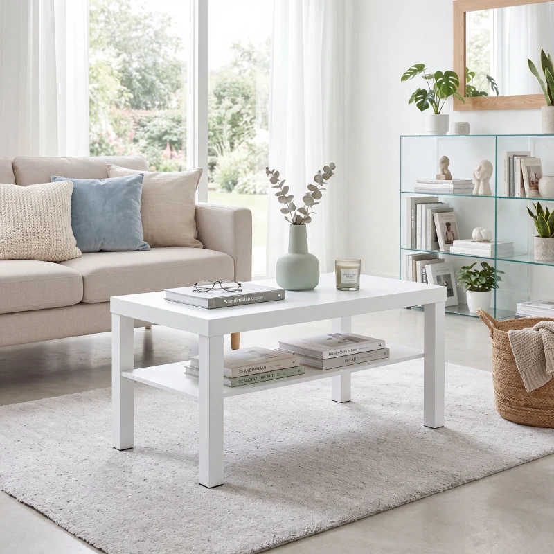 HOMCOM Mesa de Centro Mesa de Café para Salón con Estante Abierto Tablero Grueso para Salón Oficina 90x45x44,5 cm Blanco