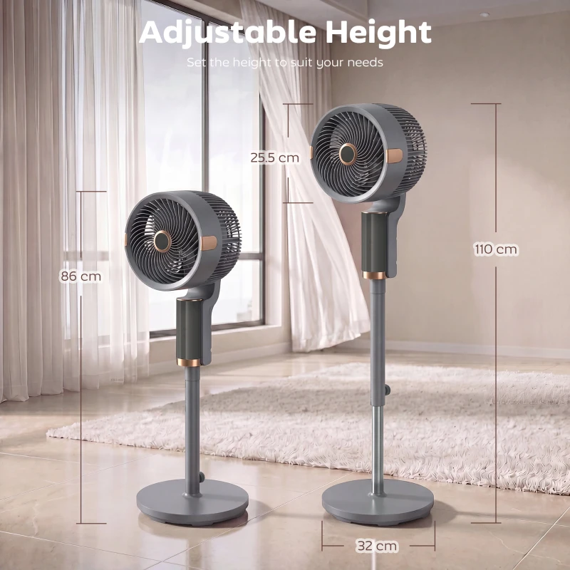 HOMCOM 20 dB Silent Standing Fan for Bedroom, 44" Pedestal Fan with 90° Oscillating, 8 Speeds and LED Light, Grey