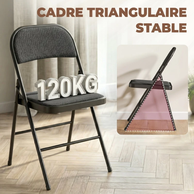 HOMCOM Lot de 2 chaises pliantes chaises de salle à manger portables cadre en acier dim. 45l x 46P x 78H cm noir
