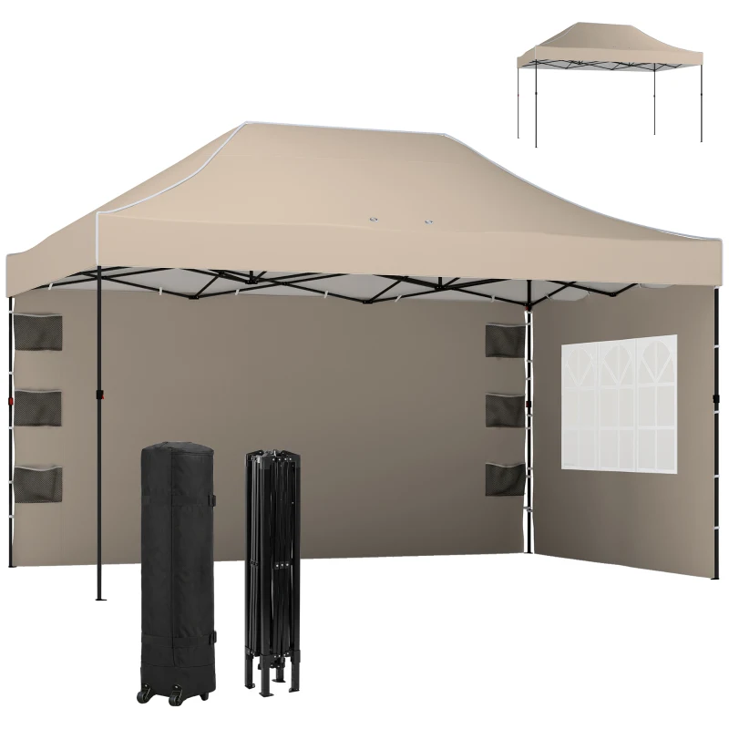 Outsunny Gazebo Pop Up Pieghevole con Pareti Laterali e Finestre, 2.9x4.3 m, in Metallo e Tessuto Oxford, Marrone Sabbia