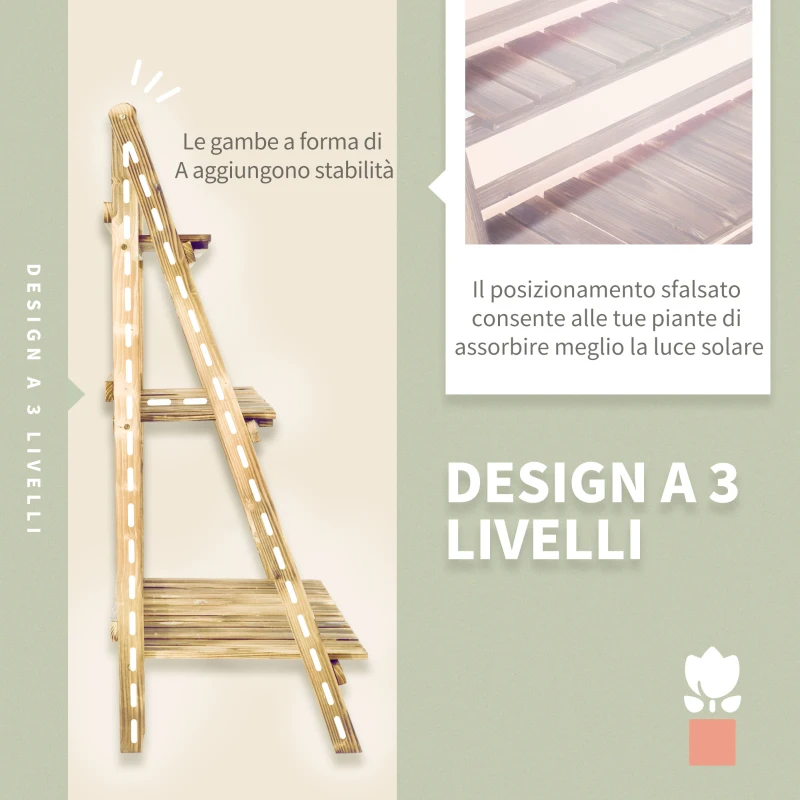 Outsunny Portapiante Pieghevole Portavasi in Legno di Abete con 3 Livelli Scaffale da Esterno per Piante Portafiori 100x37x93cm