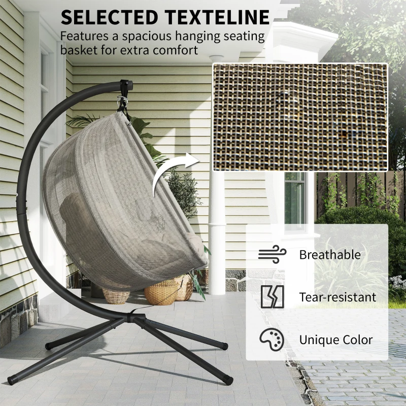 Outsunny Double Hanging Egg Chair 2 Seaters Texteline Swing Hammock Chair with Stand, Cushion and Folding Design, for Indoor and Outdoor, Brown