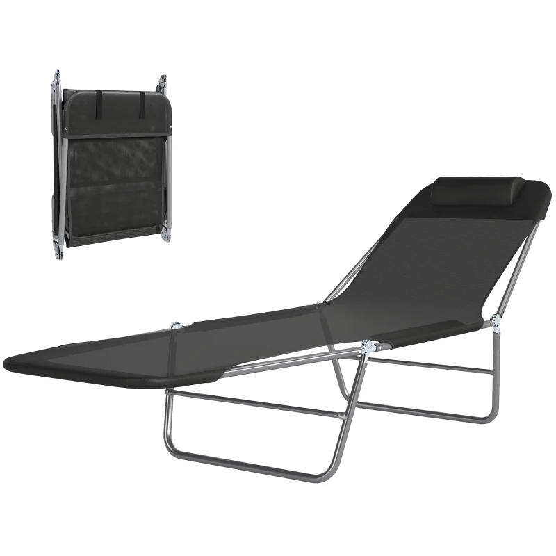 Outsunny Folding Sun Lounger, Texteline Reclining Sun Bed with 5 Position Adjustable Backrest, Headrest, Black