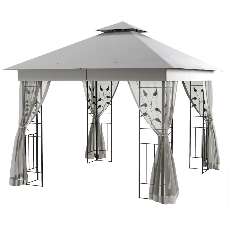 Outsunny Pavillon mit Doppeldach, 3x3 m Wasserabweisend Stabil Winterfest Gartenpavillon mit Moskitonetz Hellgrau